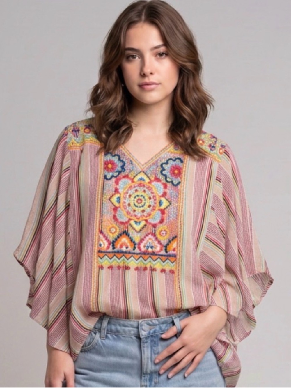 Savanna Jane Boho Embroidered Striped V-Neck Top - Pink